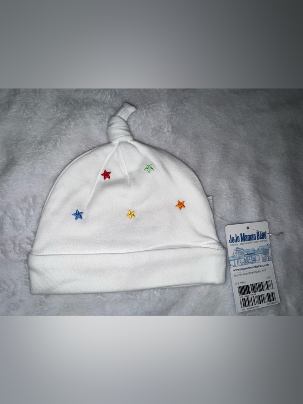 JoJo Maman Bebe White Baby Hat with Multicolor Star Embroidery